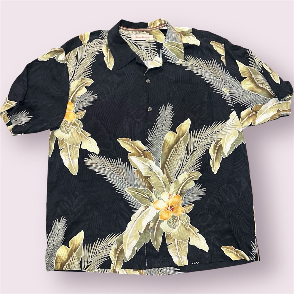 Tommy Bahama Silk Hawaiian Aloha Shirt Men’s XL Black Floral Tropical